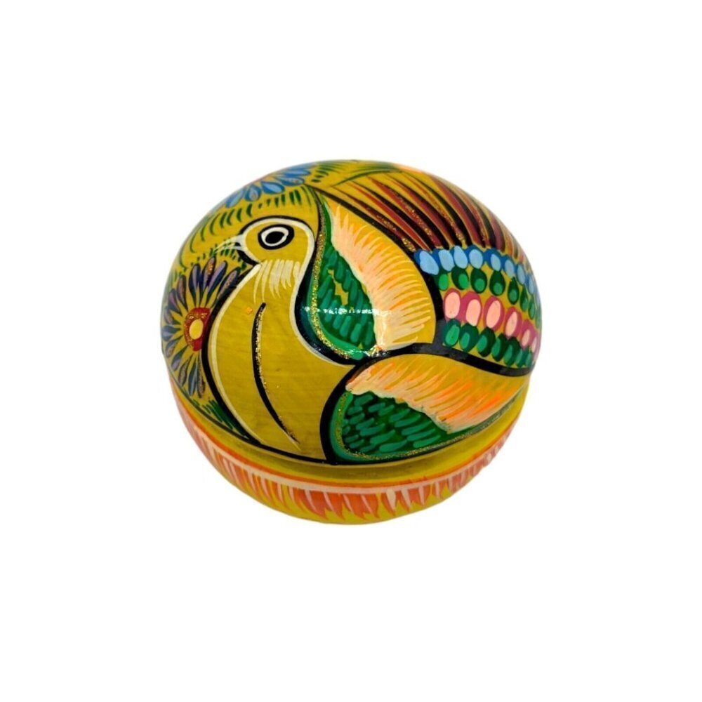 Handmade Tonala Mexican Pottery Terracotta Clay Trinket Box w/ Lid Bird Glitter